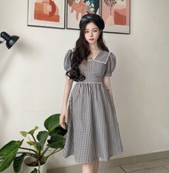 Đầm caro công sở đen trắng xinh dáng xòe cổ v thiết kế thanh lịch tay ngắn thời trang đi làm đi chơi