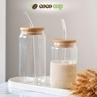 Glass Cup with Wooden Lid and Straw 350ml/550ml, Premium Glass Cup for Matcha, Coffee, Detox Water -