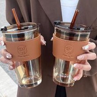 1pc 450ml Glass Water Cup With Straw & Portable Cover, Aurora Pattern, Suitable For Women And Couple