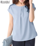 ZANZEA Women Korean Daily Short Sleeve Pleated Casual Top Blouses