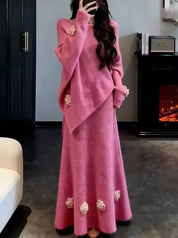 2026 Spring New Gentle Wind 3D Flower Knitted Top Half Skirt Two-Piece Set Elegant Atmosphere Sense 