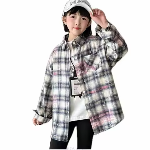 Fashion Child Plaid Blouse for Kid Girls Long Sleeve High Street Shirt Outerwear Kids Teenager Sprin