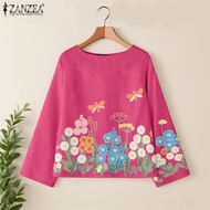 Kiểu cổ điển cho nữ ZANZEA Áo cánh cổ tròn giản dị tay áo dài in hoa phong cách boho Top #0901