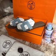 Used Like New Hermes Oran Sandal In Denim With Iconic H Cut-Out Bleu Size35
