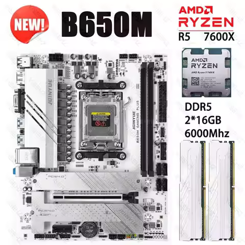 JGINYUE B650M Motherboard Kit Ryzen 5 7600X CPU Processors 2*16GB 6000Mhz DDR5 Dual Channel Memory R