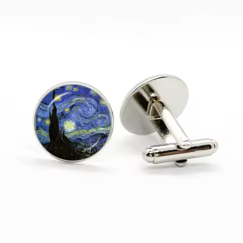 Van Gogh Silver Colour Cufflinks Starry Night Handmade Oil Painting Glass Cabochon Cufflinks Men Wom