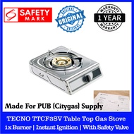 Tecno TTCF3SV Table Top Gas Hob. 1 x Burner. Made For PUB (CityGas) Gas Supply. Glossy Stainless Steel. Individual drip tray. With Safety Valve. 1 Year Warranty. Safety Mark Approved.