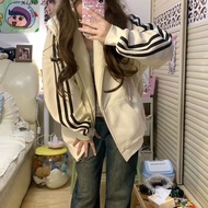 Áo Nỉ Có Mũ American Retro Stripes Cho Nữ Phong Cách Hàn Quốc College Style Nhỏ Nhắn Oversize Lười B