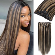 Asteria Hair Clip in Extensions Human Hair Full Head Ombre Natural Black Fading to Honey Blonde Real