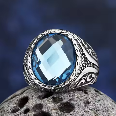 2024 NEW 316L Stainless Steel Blue Zircon Ring Vintage Good Polished Fashion Jewelry Couple Gift us 