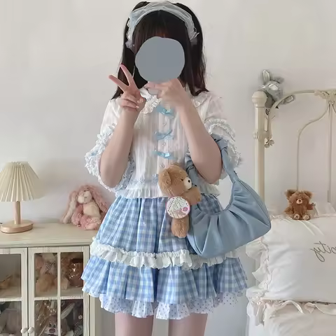 Cute Plaid Skirt Women Lace Trim Elastic Waist Mini Skirts Lolita Sweet Girl Harajuku Ulzzang Kawaii