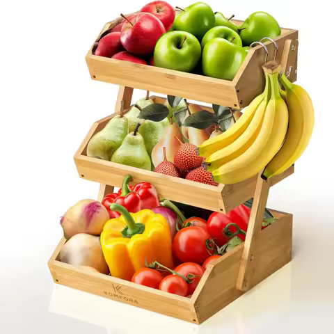 3-Tier Premium Bamboo Fruit Basket w/2 Hangers - Durable Countertop Stand for Vegetables, Bread & Sn