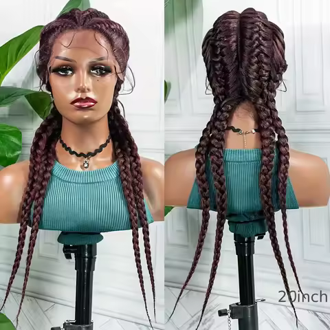 Triangle Lace Front 4 Braids Wig 99J Dark Red Wine Color Synthetic Hair Cornrow Braided Lace Topline