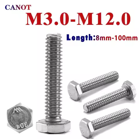 304 Stainless Steel Hexagon Head Bolt M3 M4 M5 M6 M8 M10 M12 Full Thread External Hex Hexagon Head S