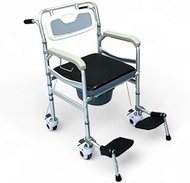 Foldable Aluminum Commode and Shower Chair with 4 Anti-Rust Wheels, Brakes, Adjustable Height, Anti-Tipper, Cushion Seat, Removable Bucket, and Toilet Roll Holder