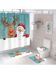 Conjunto De 4 Piezas Para Baño Con Cortina De Ducha Azul Blanco Y Santa Con Reno, Sombrero Rojo Navideño, Anciano Barbado Blanco, Abuelo Reno Con Huellas De Nieve Y Copos De Nieve, Decoración Navideña Para Baño Con 12 Ganchos, Alfombra Y Tapa De Inodoro