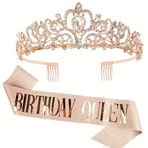 Bling Rhinestone Crystal Crown Tiara Birthday Girl Queen Sash and Crown for Women Birthday Party Dec