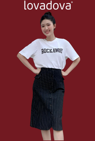 Chân váy sơ mi màu xanh đen sọc dọc vải kaki Lovadova GS0303