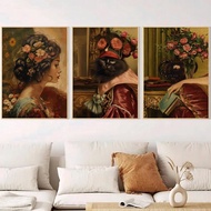 Cetakan kanvas potret wanita klasik vintaj dengan kucing dan bunga, seni dinding funky untuk hiasan 