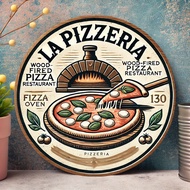 2D Flat La Pizzeria Round Wooden/Acrylic Pizza Sign (1 Piece), Retro Wood-fired Pizza Theme Wooden H
