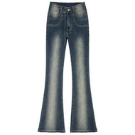 女裝復古做舊微喇牛仔褲女漸變磨白高腰修身顯瘦喇叭褲