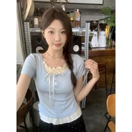 Women Short Sleeve Lace Shirt Slim Fit Korean Style Fake Solid Color T-Shirt