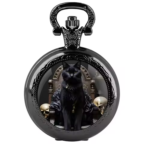 Black Stainless Steel Tree of Cool King Cat Quartz Pocket Watch Necklace Women Men Kids Jewelry Pend