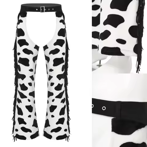 Men Stylish Cow Spot Pattern Flannel Pants with Side Tassel Open Crotch Biking Riding Cowboy Chaps H