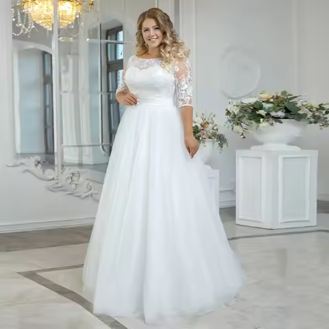 Vintage O-Neck Wedding Dresses Plus Size 3/4 Sleeves Bride Gowns Back Button Appliques A-Line Floor 
