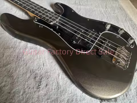 In stock! 4-string metal silver PJ bass with chrome hardware, rosewood fretboard and black pickguard