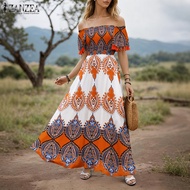 Zanzea phụ nữ hợp thời trang in dân tộc ĐẦM BOHO hở vai tay ngắn A-line Maxi Đầm ngày lễ #0922