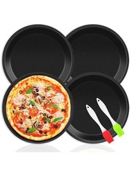 4入組圓形披薩盤，碳鋼披薩盤和2個矽膠刷，適用於蛋糕、披薩、麵包、派、餅乾、烘焙（平底鍋為黑色，刷子顏色隨機）