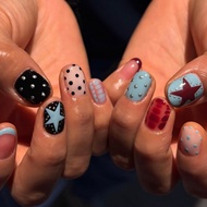 Red Blue Contrast Color Artificial Nail Short Hand-Painted Wearable Nails ins Thin Dots Red Natural 
