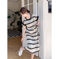 【Oversize Dress】(40-150kg) Plus Size Striped Dress Short Sleeves Korean Fashion Split T-shirt Dress