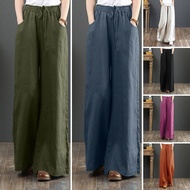 【6RESPECT】 Linen Pants Women Casual Wide Legs Elastic Belted Solid Color Long Pants BZT15