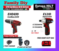 Europa Hilt EHD699-12V Cordless Drill+E12ID Impact Driver (Combo Set)