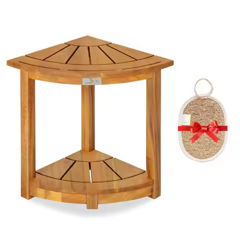 Wood Corner Shower Stool Waterproof Triangular Bathroom Bench with Storage Shelf amp Soap Dish for S