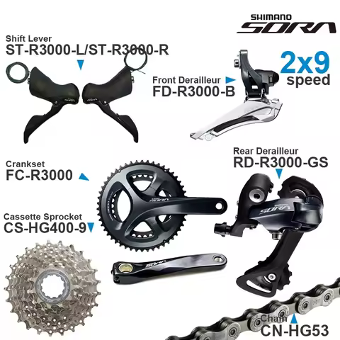 SHIMANO SORA R3000 2x9v Groupset with Shifter Front Rear Derailleur Cassette Sprocket COG Chain Cran