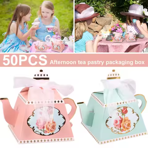 50Pcs Teapot Candy Box Vintage Floral Teapot Box Reusable Paper Flower Tea Party Gift Boxes Pink/Sky
