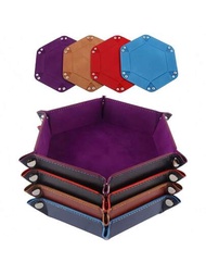 1入組PU皮絨面可折疊收納盤，六角形骰子盤，骰子收納盒，純色桌面收納籃，適用於骰子遊戲