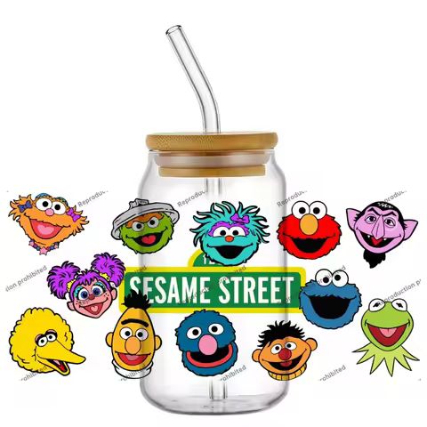 New 15 Design Popular TV shows Sesame Cartoon Elmo Bert 16oz UV DTF 3D Sticker Decals Wraps Glass Ca