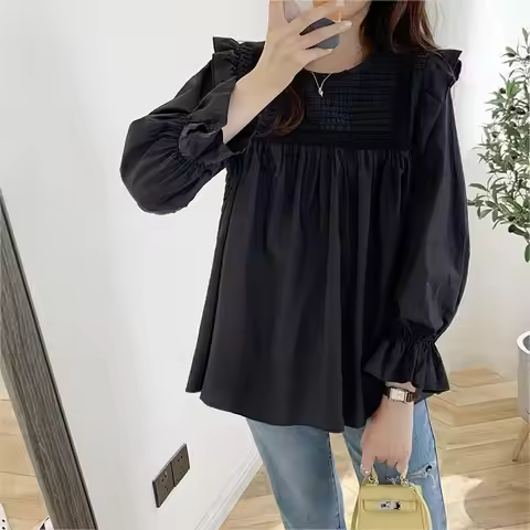 Women's Sweet Ruffled Crew Neck Blouse Bishop Sleeve Loose Babydoll Top Casual Daily Cotton Shirt