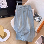 |Contemporary.factory| Jumbo田5XL women's long jeans skirt korean style skirt front slit blue a line 