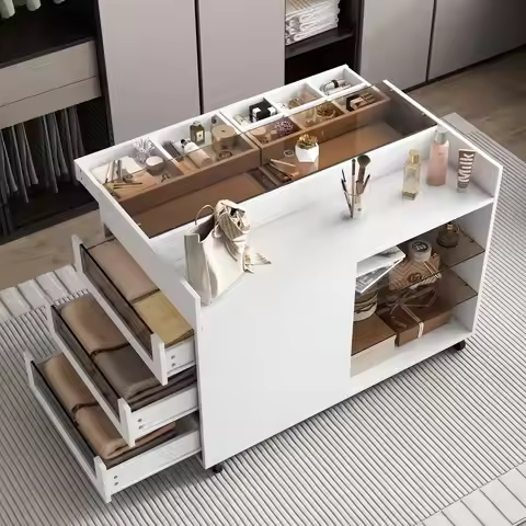 Closet Island with Drawers Glass Top 43.3" Multi-Functional Wardrobe Armoire Bedroom Island on Wheel