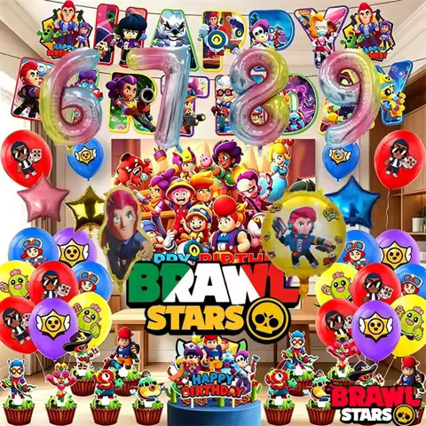 Brawl Stars Party Decoration Happy Birthday Banner Game Background Paper Cake Topper Stickers Tablew