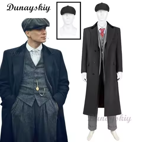 Tommy Shelby Cosplay Costume Hats Man Peaky 6 Long Trench Coat Suit Outfit Full Set Retro British Ne