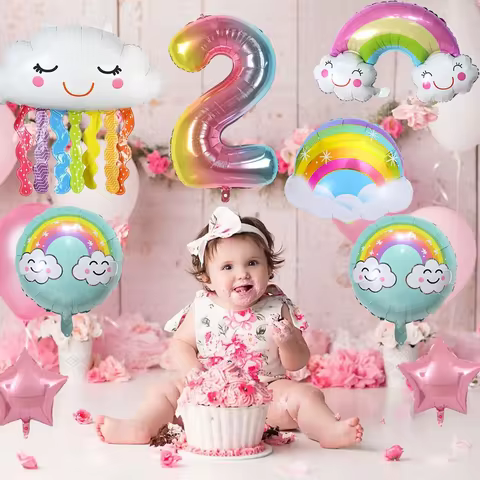 8pcs Rainbow Smile Tassel Cloud Balloon 32 inch Gradient Number Foil Balloon set 0-9 kid Birthday Pa