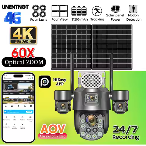 4G Solar Surveillance Camera 4‑Lens 60X Optical Zoom Human Tracking 31200MAH Battery 24‑Hour Recordi