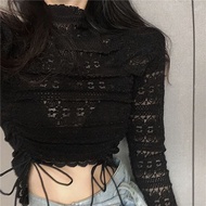 Lace Solid Color T-shirt Women's Long Sleeve High Collar Short Section Korean Style Breathable Top