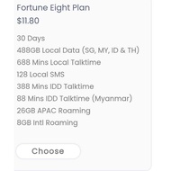 Eight Telecom Fortune Plan $11.80 Top-Up – 488GB Local Data Across SG, MY, ID, TH, Roaming & Talktim